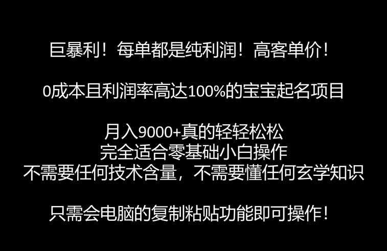 巨暴利，月入9000+的宝宝起名项目，每单都是纯利润，零基础都能躺赚【附软件+视频教程】